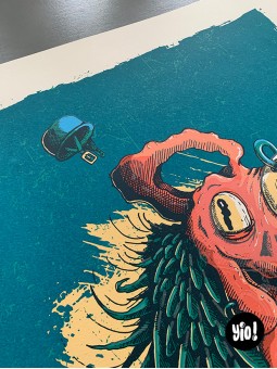 sérigraphie coq punk - tirage d'art coq guerrier - papier de créa - dessiné et sérigraphié en France