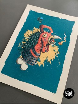 sérigraphie coq punk - tirage d'art coq guerrier - papier de créa - dessiné et sérigraphié en France