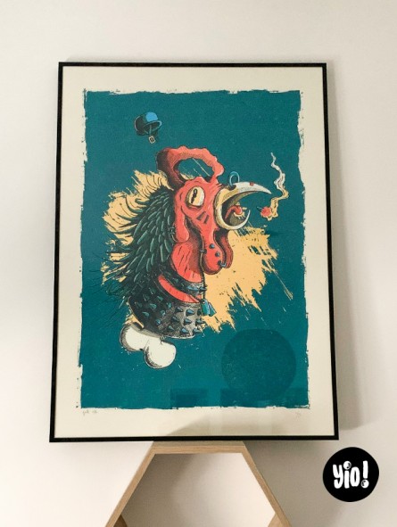 sérigraphie coq punk - tirage d'art coq guerrier - papier de créa - dessiné et sérigraphié en France sérigraphie coq punk - tirage d'art coq guerrier - papier de créa - dessiné et sérigraphié en France