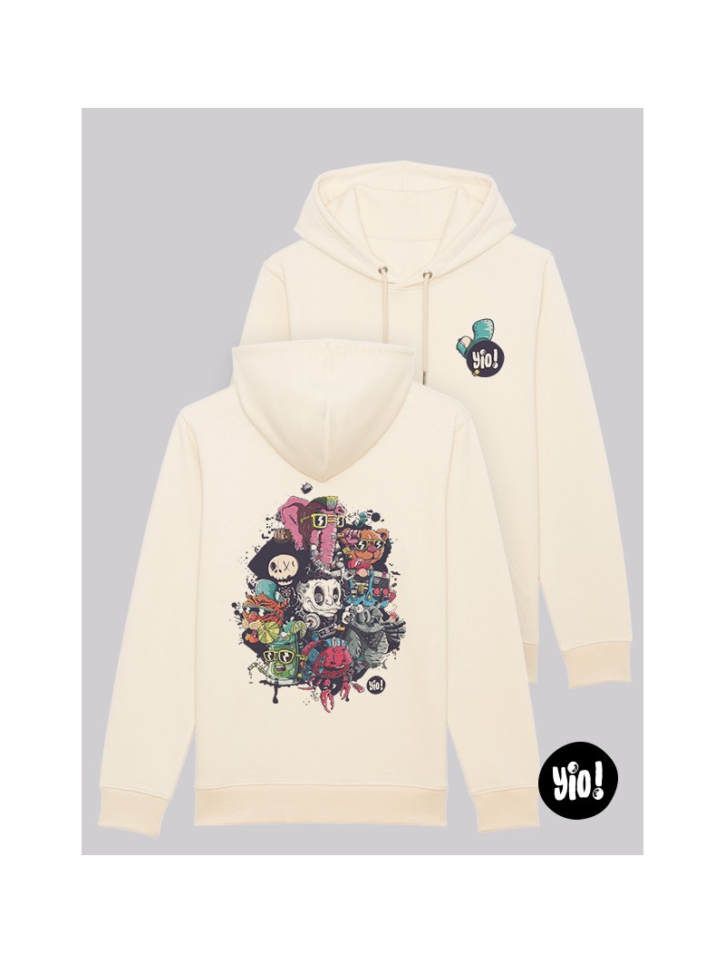 sweat à capuche naturel patchwork personnages - hoodie unisexe en coton bio - dessiné et imprimé en France