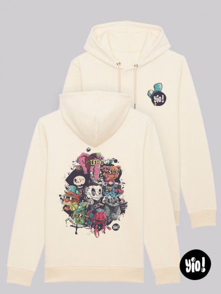 sweat à capuche naturel patchwork personnages - hoodie unisexe en coton bio - dessiné et imprimé en France