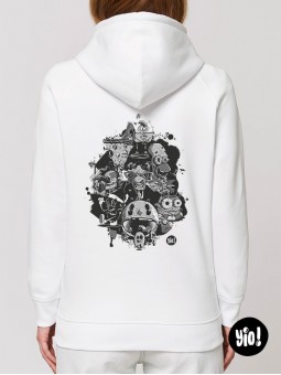 sweat à capuche blanc patchwork personnages - hoodie unisexe en coton bio - dessiné et imprimé en France