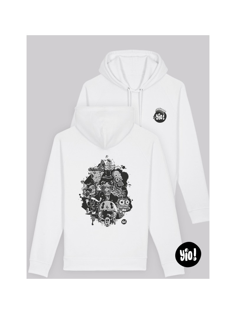 sweat à capuche blanc patchwork personnages - hoodie unisexe en coton bio - dessiné et imprimé en France