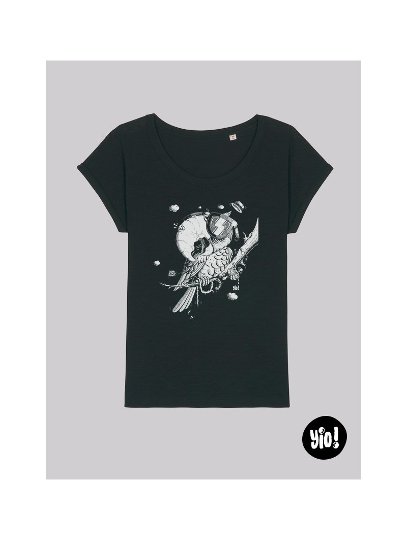 t-shirt femme perroquet ara  - tee shirt perroquet noir et blanc -  tshirt ara en coton bio - dessiné et imprimé en France