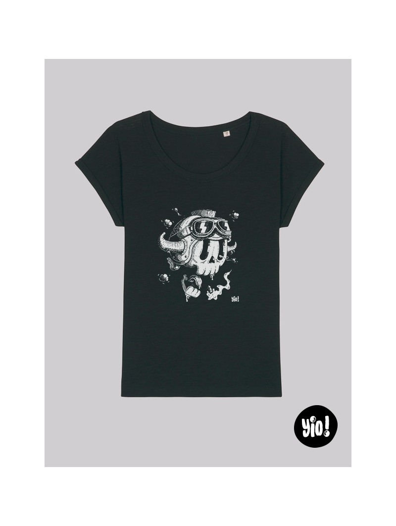 t-shirt femme crâne biker  - tee shirt casque moto noir et blanc -  tshirt crâne en coton bio - dessiné et imprimé en France