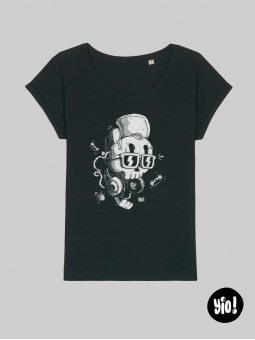 t-shirt femme crâne chill  - tee shirt crâne cool noir et blanc -  tshirt crâne en coton bio - dessiné et imprimé en France
