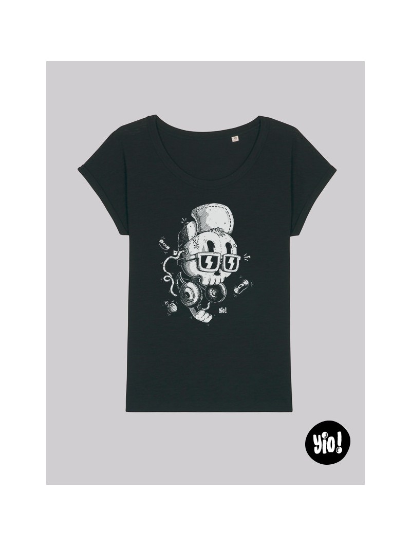 t-shirt femme crâne chill  - tee shirt crâne cool noir et blanc -  tshirt crâne en coton bio - dessiné et imprimé en France