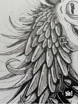 dessin original coq punk - dessin coq encre de Chine - original coq papier de créa - dessiné en France