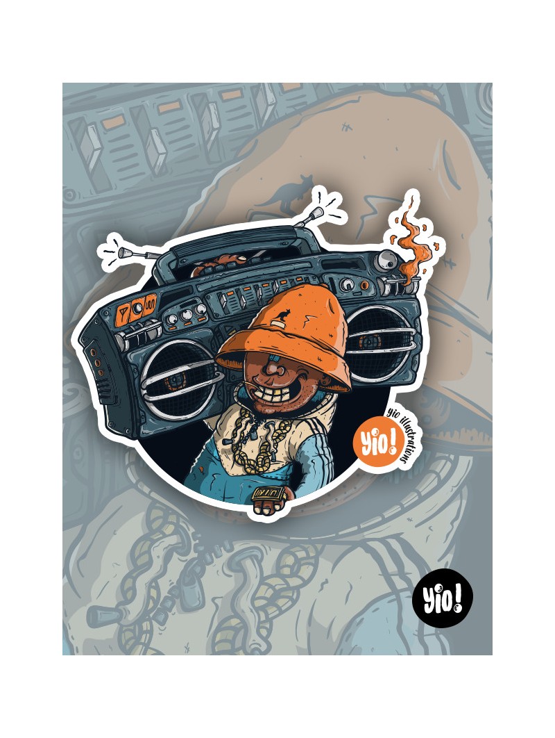 Sticker cartoon représentant un personnage avec boombox, style rétro 80s. Création yio illustrations.