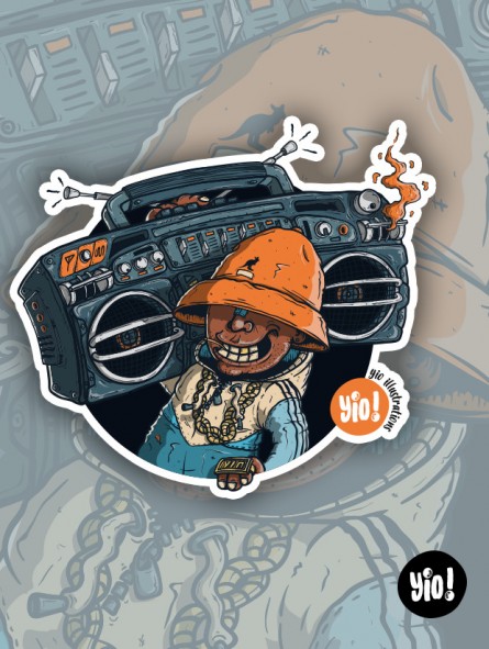 Sticker cartoon représentant un personnage avec boombox, style rétro 80s. Création yio illustrations.