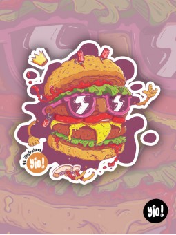 Sticker représentant un burger cartoon coloré, appétissant et fun, idéal pour personnaliser vos objets du quotidien.