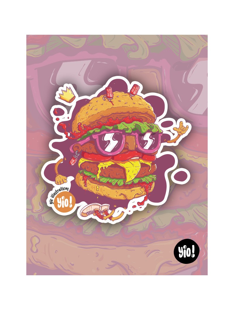 Sticker représentant un burger cartoon coloré, appétissant et fun, idéal pour personnaliser vos objets du quotidien.