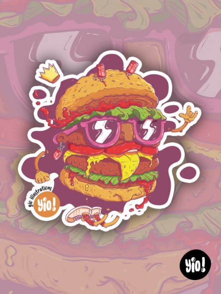 Sticker représentant un burger cartoon coloré, appétissant et fun, idéal pour personnaliser vos objets du quotidien.