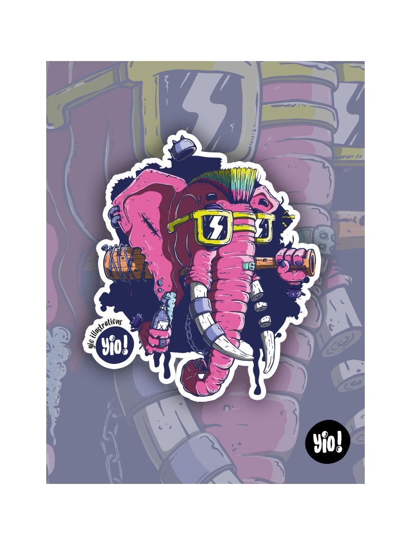 Sticker éléphant punk avec crête colorée et lunettes de soleil, décor original et rebelle pour personnaliser vos objets.