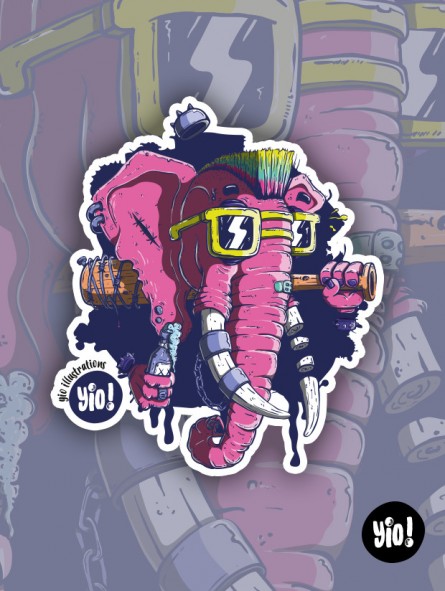 Sticker éléphant punk avec crête colorée et lunettes de soleil, décor original et rebelle pour personnaliser vos objets.