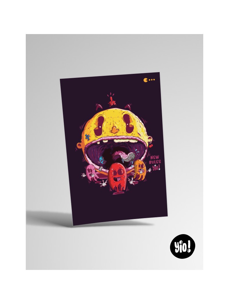 Carte illustration Pac-Man rétro format 10x15 pour fans de jeux vidéo et déco geek