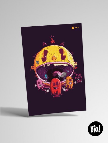 Carte illustration Pac-Man rétro format 10x15 pour fans de jeux vidéo et déco geek