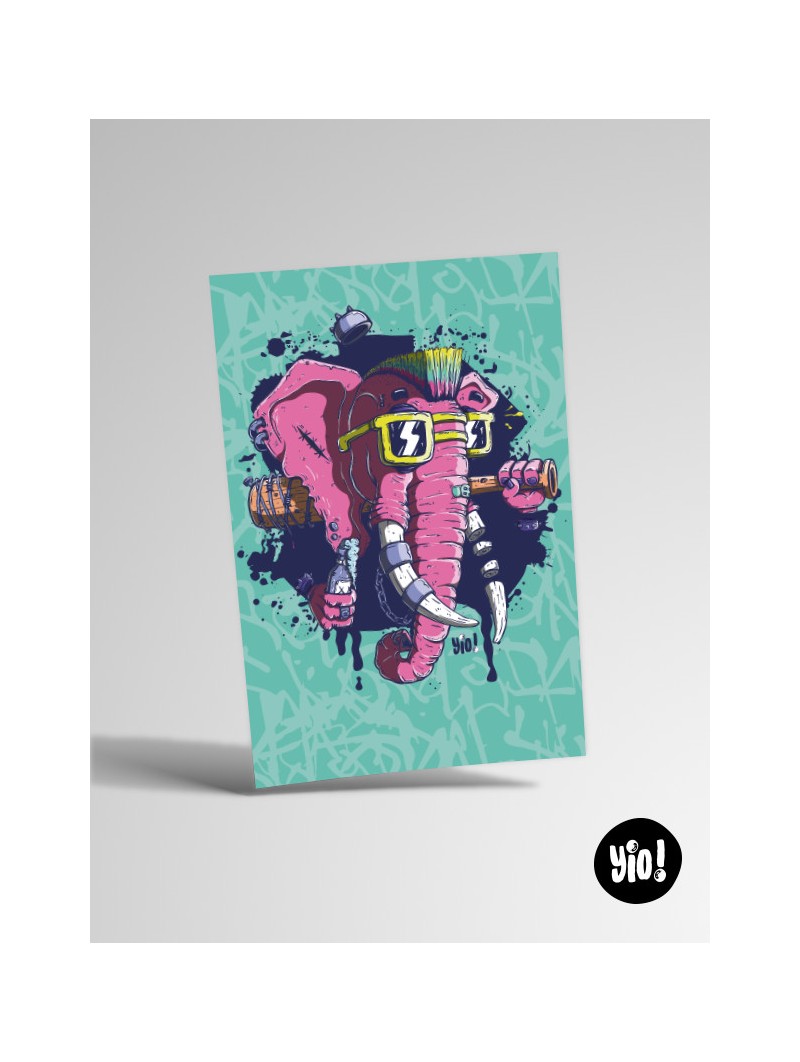 Carte 10x15 éléphant punk - Illustration murale décalée et originale