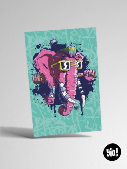 Carte 10x15 éléphant punk - Illustration murale décalée et originale